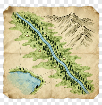 Illustrated Map Of A River And Mountains PNG