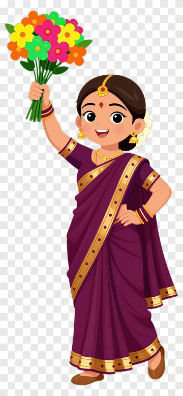 Cartoon Girl Holding A Bouquet Of Flowers PNG