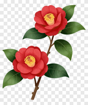 Red Camellia Flowers With Green Leaves PNG