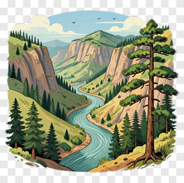 Mountain River Landscape With Pine Trees PNG