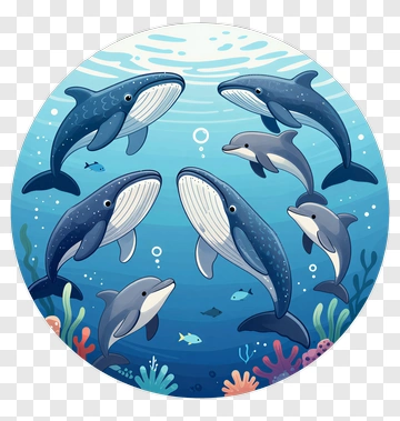 Cartoon Whales And Dolphins Swimming In The Ocean PNG