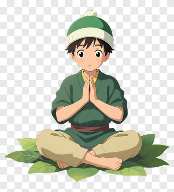 Boy Sitting In Meditation Pose On Leaves PNG