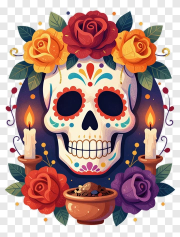 Colorful Sugar Skull Surrounded By Roses And Candles PNG