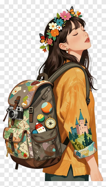 Young Woman With A Floral Crown And Backpack PNG
