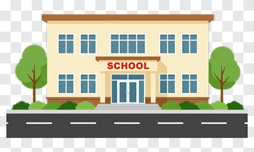 School Building With Trees And Road PNG