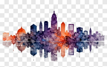 Colorful Watercolor City Skyline Reflection PNG