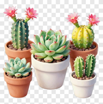 Colorful Cacti And Succulent Plants In Pots PNG