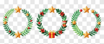 Colorful Christmas Wreaths With Stars And Gifts PNG