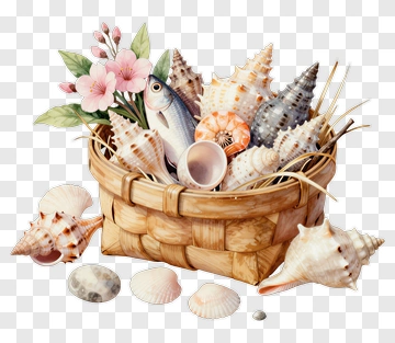 Basket Of Seashells And Flowers PNG