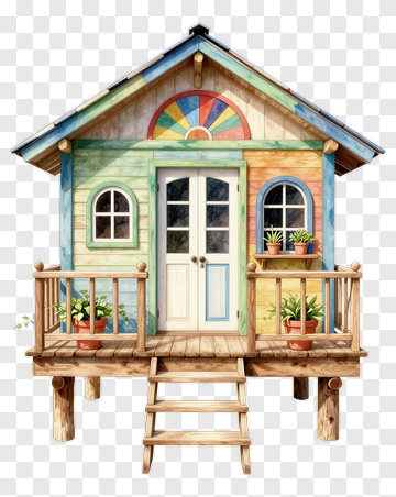 Colorful Wooden House With Plants PNG