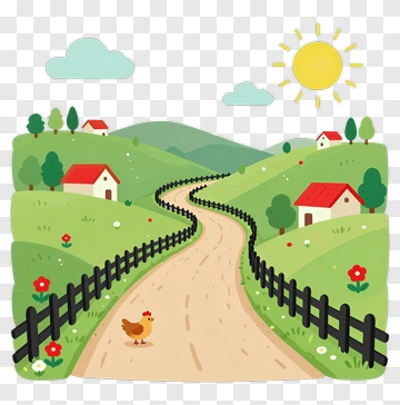 Countryside Road With Chicken And Houses PNG