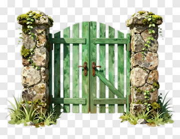 Green Garden Gate With Stone Pillars PNG