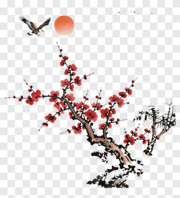 Plum Blossom Tree With Bird And Sun PNG