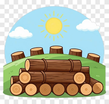 Wood Logs On A Green Hill With Sun And Clouds PNG