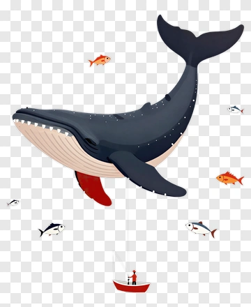Cartoon Whale With Fisherman And Colorful Fish PNG