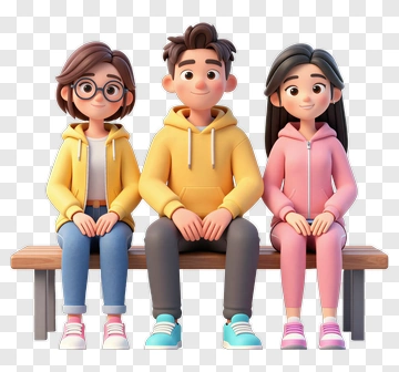 Cartoon Friends Sitting On A Bench PNG