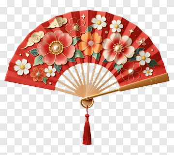 Decorative Red Fan With Floral Design PNG