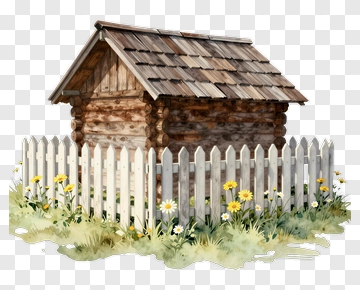 Wooden Garden Shed With White Picket Fence PNG