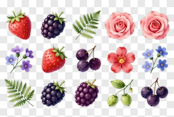 Colorful Fruits And Flowers Arrangement PNG