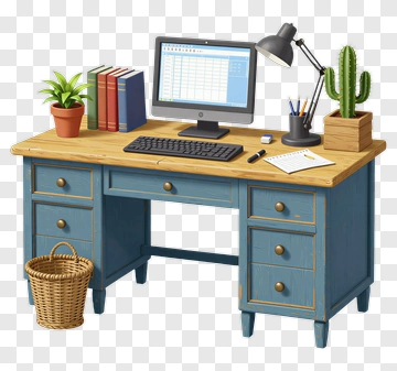 Home Office Desk With Computer And Plants PNG
