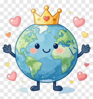 Cartoon Earth With Crown And Hearts PNG