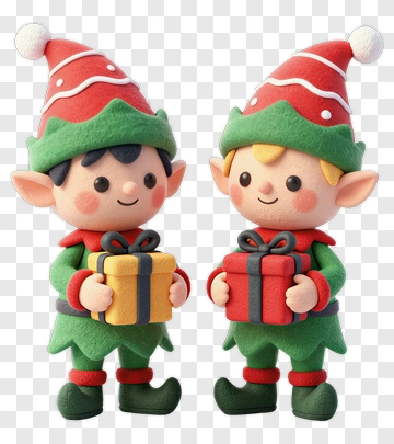 3D Christmas Elves Holding Gifts PNG