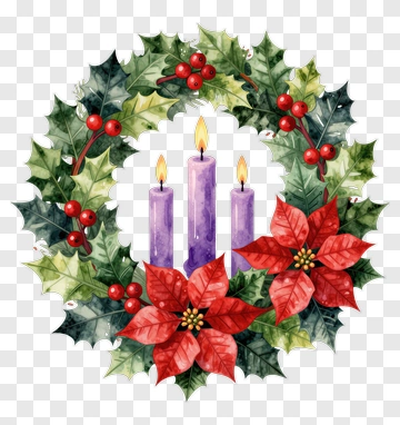 Christmas Wreath With Candles And Poinsettias PNG