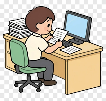 Cartoon Office Worker Writing At Desk PNG