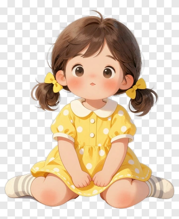 Cute Girl Sitting In A Yellow Polka-Dot Dress PNG