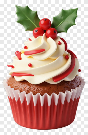Christmas Cupcake With Holly And Red Berries PNG