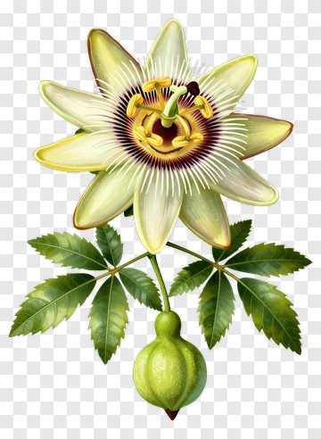 Passion Flower With Leaves And Fruit PNG