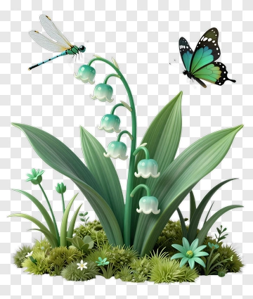 Colorful Lily Of The Valley With Dragonfly And Butterfly PNG