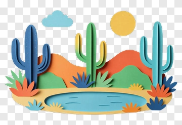 Colorful Desert Landscape With Cacti And A Pond PNG