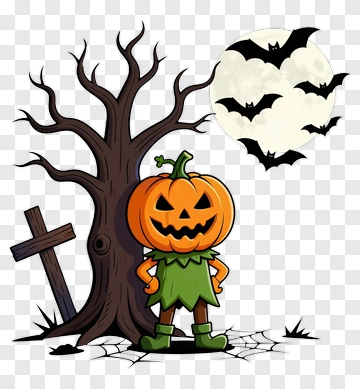 Cartoon Pumpkin Scarecrow By A Tree With Bats PNG