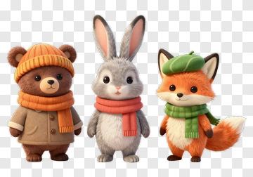 Cartoon Animal Friends In Winter Scarves PNG