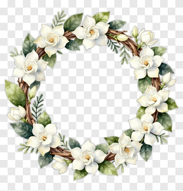 Floral Wreath With White Flowers And Green Leaves PNG