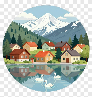 Mountain Landscape With Houses And Swans PNG