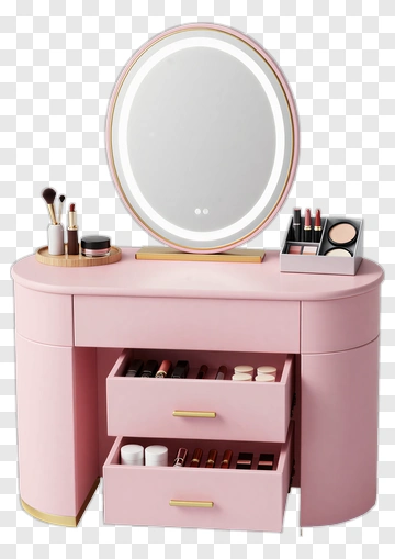 Pink Makeup Vanity With Mirror And Cosmetics PNG