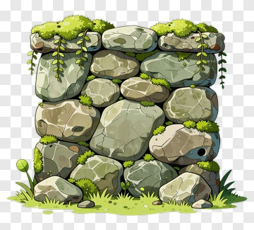 Cartoon Stone Wall With Moss And Vines PNG
