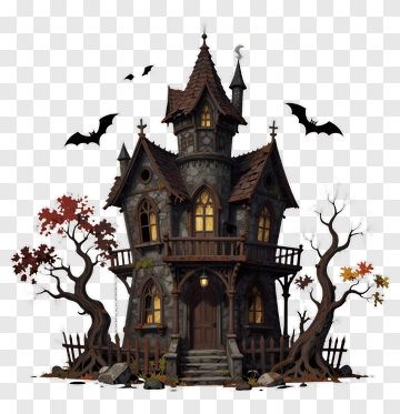 Haunted House With Bats And Trees PNG