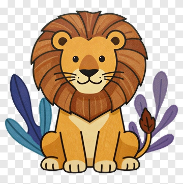 Cartoon Lion Sitting Among Leaves PNG