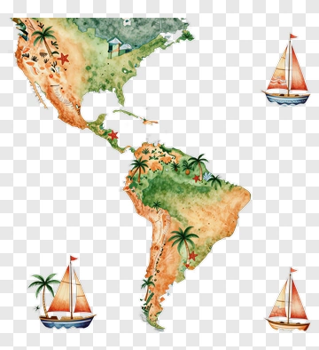 Watercolor Map Of The Americas With Sailboats PNG