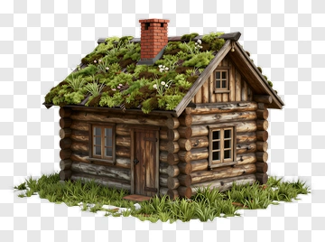 Log Cabin With Green Roof PNG
