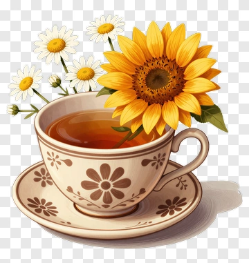 Tea Cup With Sunflower And Daisies PNG