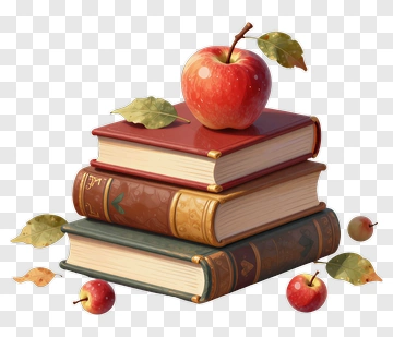 Stack Of Books With A Red Apple And Leaves PNG