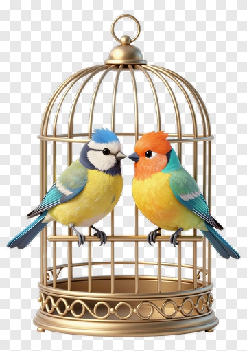 Colorful Birds In A Golden Cage PNG