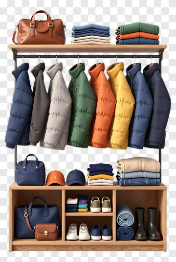 Colorful Winter Jackets And Accessories Display PNG