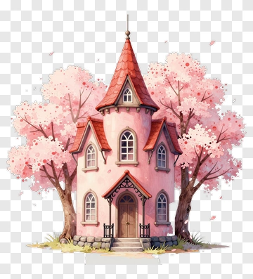 Fantasy Cottage Surrounded By Cherry Blossom Trees PNG