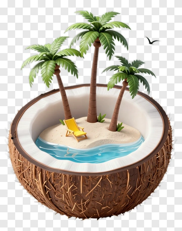 Coconut Bowl With Palm Trees And Beach Scene PNG