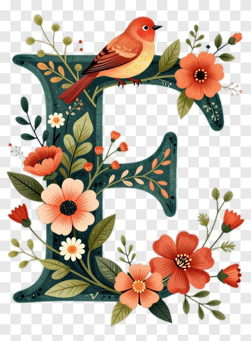 Floral Letter E With Bird PNG